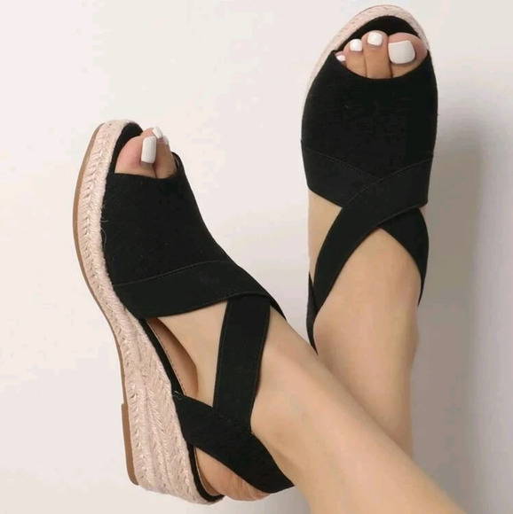 Women Canvas Cross Strap Espadrille Slingback Sandals, Open Toe  Wedge Sandals - Picture 1 of 6